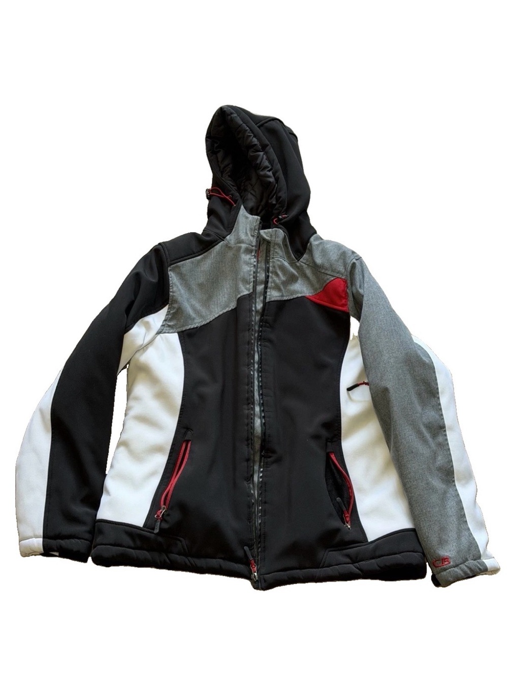 Men's Black, White & Gray Insulated Hooded Puffer Jacket with Red Accents